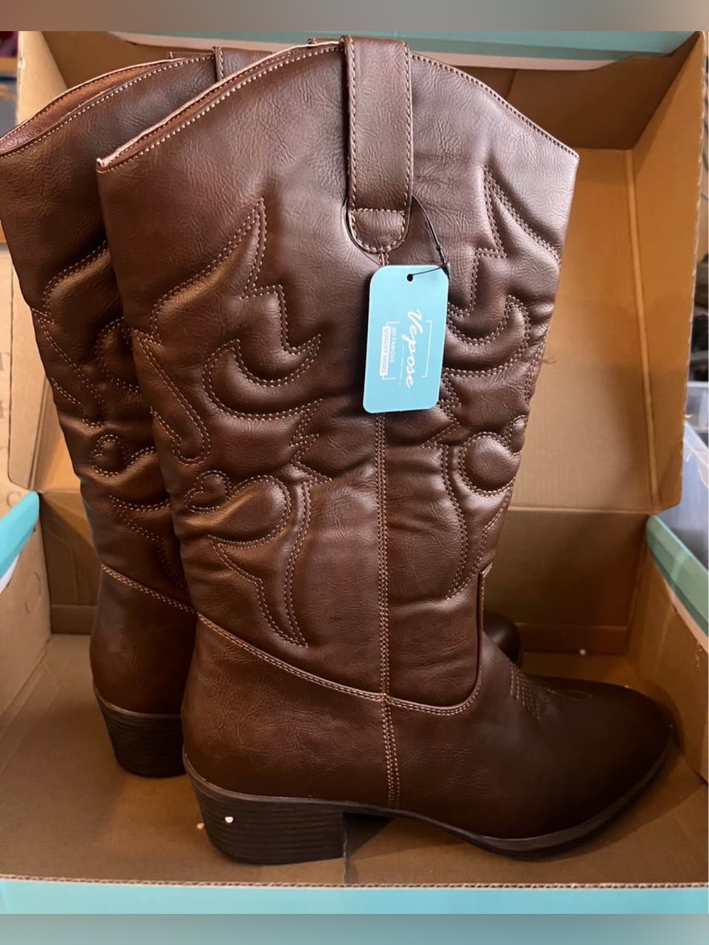 Vepose Brown Embroidered Western Mid-Calf Heeled Boots